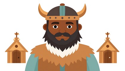 Cartoon Viking with two small wooden chapels
