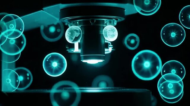 Dynamic cell research under microscope with vibrant blue glow for scientific breakthrough, medical innovation and pharmaceutical advancement