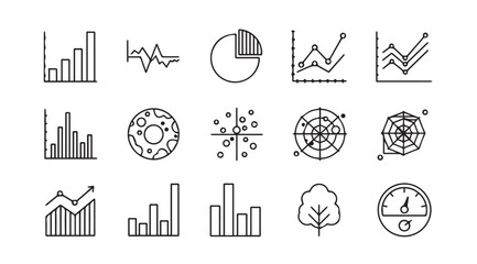 Fototapeta premium Collection of hand drawn silhouette icons representing various data visualization charts and graphs