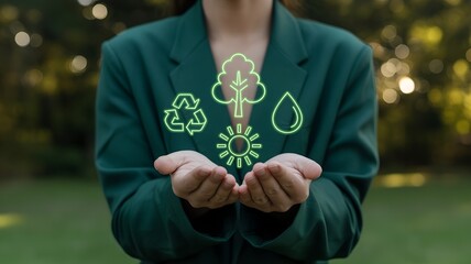 Person holding hands under glowing emerald holographic eco icons with tree, recycling, water droplet, and sun on green-gold bokeh background