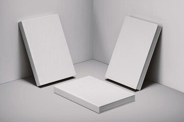 triple blank 6x9 inch hardcover thick book realistic clay mockup template in grey background 3d render illustration