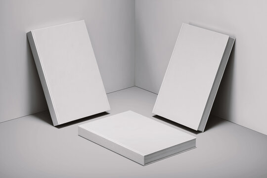 triple blank 6x9 inch hardcover thick book realistic clay mockup template in grey background 3d render illustration