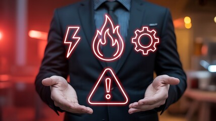 Person holding hands under glowing red holographic energy icons with flame, lightning, gear, and warning triangle on red-orange bokeh background