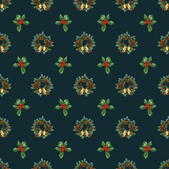 Holiday pattern featuring festive wreaths with berries and leaves on a dark background