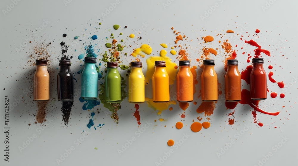 Poster creative arrangement of paint bottles with splashes of color from a top view.