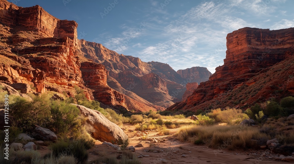 Poster a view of a desert valley with multiple layers of red rocks and some grass, with evening sunlight.