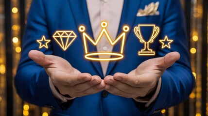 Person holding hands under glowing gold holographic luxury icons with crown, diamond, trophy, and star on gold-amber bokeh background