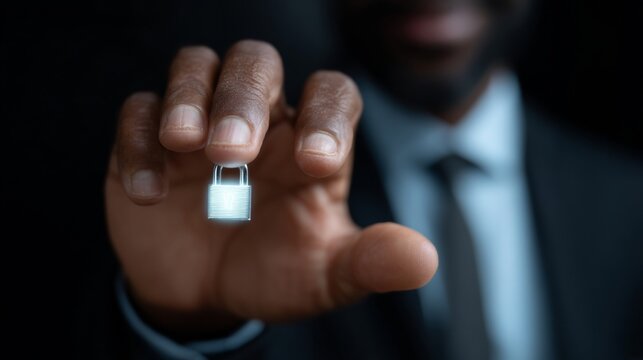A poised Black male hand elegantly presents a minuscule padlock, evoking Cybersecurity Awareness and Data Privacy Day intrigue - Powered by Adobe