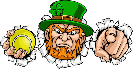 An angry Leprechaun Celtic Irish cartoon character holding Tennis ball and pointing sports team mascot illustration.