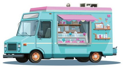 A digital illustration of a light blue food truck with a pink awning. The truck is depicted in a cartoon style with visible shelves stocked with various pastries, candies, and drinks. 