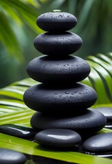 Zen black stones with water drops, spa balance concept, tropical leaves background