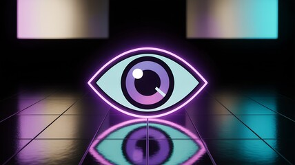 Futuristic eye hologram glowing violet and pale aqua on reflective surface with cybersecurity theme and blurred holographic panel