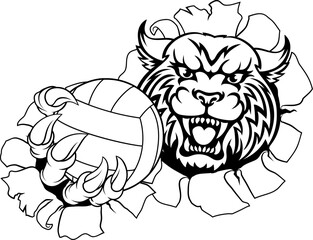 A wildcat cougar lynx lion volleyball animal sports mascot holding a volley ball in his claw