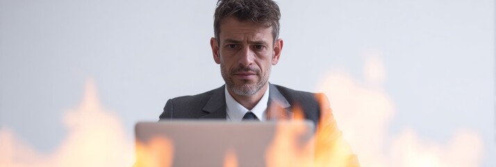 A Caucasian male, engulfed in metaphorical flames of email stress, channels Bonfire Night urgency at his laptop