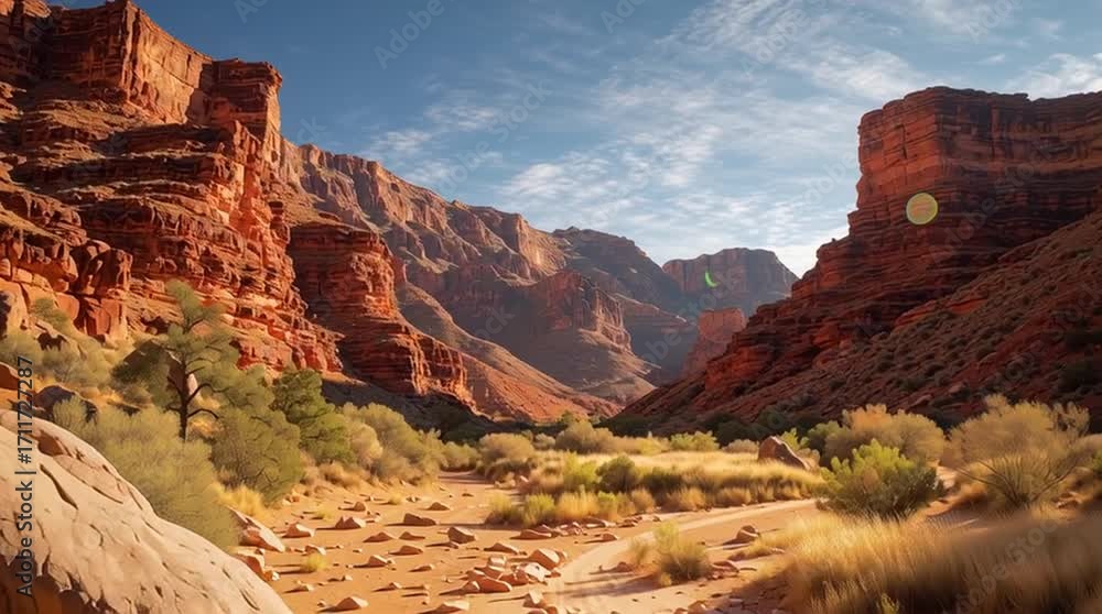 Poster a view of a desert valley with multiple layers of red rocks and some grass, with evening sunlight.