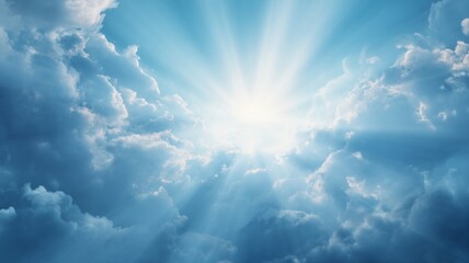 Radiant sunlight piercing through blue sky clouds. AI generated