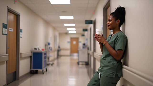 Young african female nurse enjoys break in hospital corridor healthcare professional relaxation concept