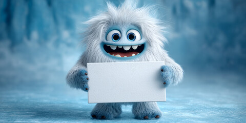 A cartoon character of a cute smiling small Yeti, Bigfoot or Sasquatch, holding a blank white sign with copy space while looking at the camera. On a frozen blue blurred landscape. Generative Ai.