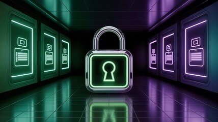 Glowing silver and green lock-and-key hologram on reflective platform with futuristic security panels and authentication theme