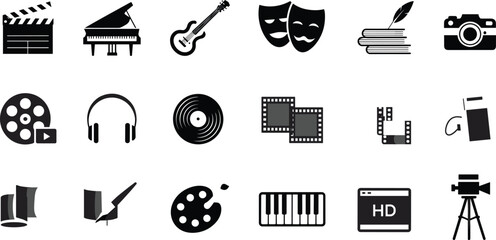 Creative art icons, music film photography, theater drama, book writing, painting tools, piano guitar, video media, entertainment symbols, design