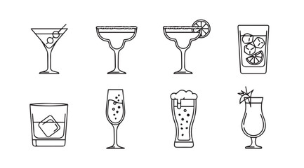 Collection of various cocktail and drink glasses in a hand drawn silhouette style