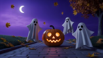 Whimsical Halloween night with glowing carved pumpkin, floating ghosts, falling autumn leaves, and crescent moon under deep purple sky