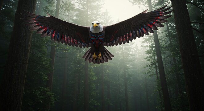 Majestic eagle soaring misty forest
