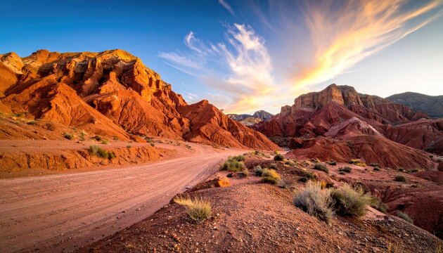 Scenic Desert Landscape with Red Rock Formations against a Dramatic Sky at Golden Hour