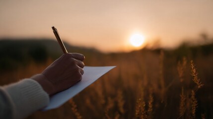 Sunset musings in golden fields, serene autumnal equinox reflections, Asian female poet captures nature's whispered tales