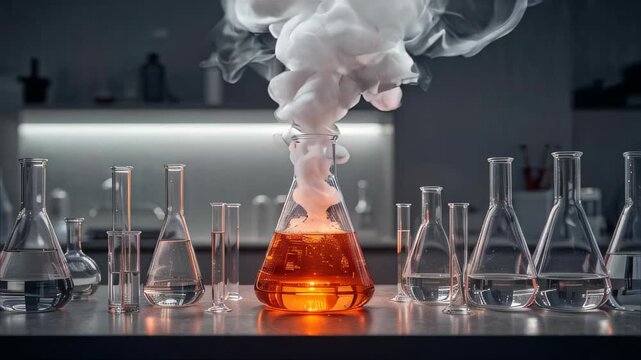 A chemical reaction occurs when white smoke comes out of an Erlenmeyer flask filled with a colored solution