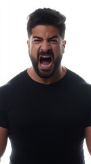 A Hispanic man passionately shouting, evoking Dia de la Raza's vibrant spirit and echoing modern primal therapy's healing roar