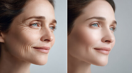 woman face before and after skin rejuvenation. comparison of aging wrinkle reduction for smooth youthful look