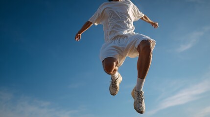 Dynamic shot of a young person leaping high in the air, set against a vibrant blue sky, conveying energy and freedom.