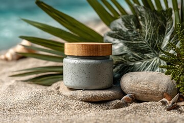 Indulge in luxurious spa-grade skincare with this elegant cream jar, beautifully presented on a serene beach with tropical foliage and calming ocean hues.