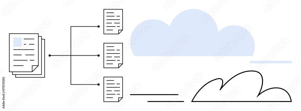 Poster stack of documents connected to multiple files and a cloud icon representing data sync and storage. 