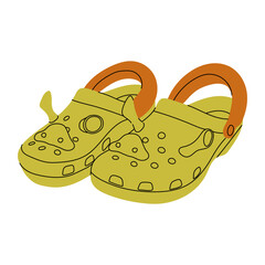 Women's and kids colorful unisex summer crocs and flip flops in hand drawn style Fashion rubber footwear with funny charms, custom accessories. Flat vector illustrations isolated on white background