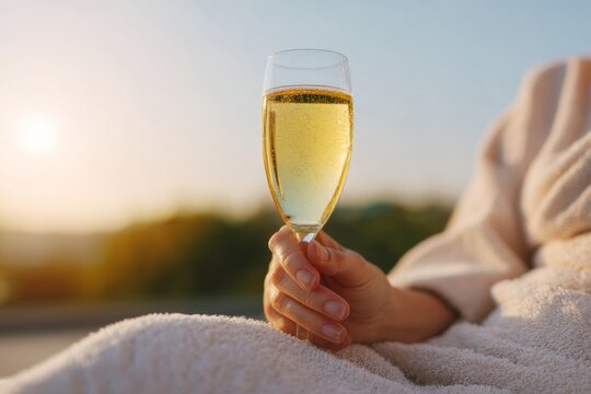 A Caucasian woman in a sunlit robe savors effervescent champagne, celebrating the whimsical National Bubble Bath Day - Powered by Adobe