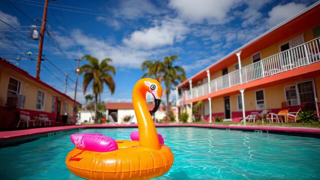 Bright orange flamingo float bobs in turquoise pool at sunny motel.