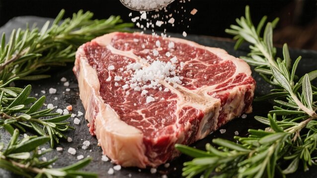 Raw T-Bone Beef Steak Being Salted with Greenery Around