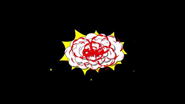 Oh! Comic text animation in dynamic, colorful, retro pop art design with twinkle effect, animated cartoon smoke, shiny fireworks display, and bold pop art effect on a black screen background. 4K