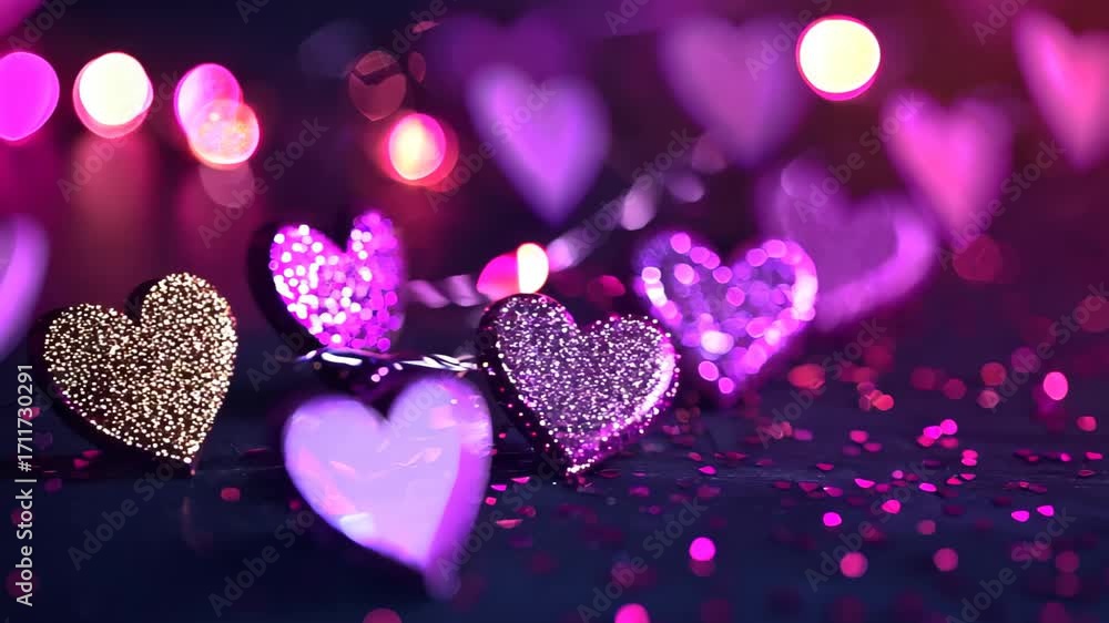 Poster a stunning image featuring sparkling purple hearts intertwined with soft bokeh lights, creating a ro