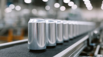 Sleek aluminum cans glide relentlessly on a conveyor, invoking the spirit of International Recycling Day and efficiency festivals