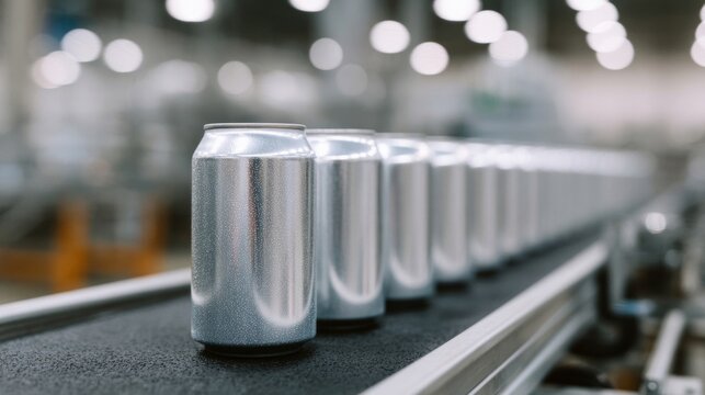 Sleek aluminum cans glide relentlessly on a conveyor, invoking the spirit of International Recycling Day and efficiency festivals