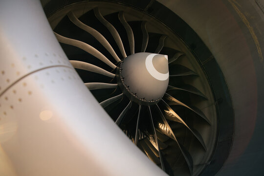 SIDE FRONT VIEW OF TURBINE JET ENGINE.