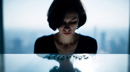 Mysterious introspection of solitary woman, abstract reflection, labyrinth daydreams, echoes of Samhain's hush, ethereal urban solitude