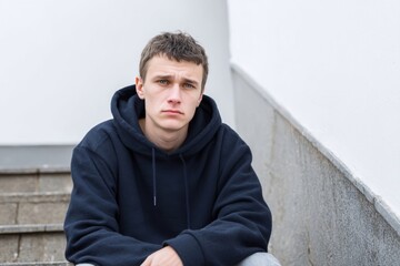 Fototapeta premium A contemplative young Caucasian man in a hoodie ponders life's labyrinth, perfect for World Philosophy Day and Solitude Retreat