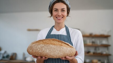 A smiling Caucasian woman offers a rustic sourdough loaf, celebrating World Bread Day and embracing Hygge warmth in her cozy bakery