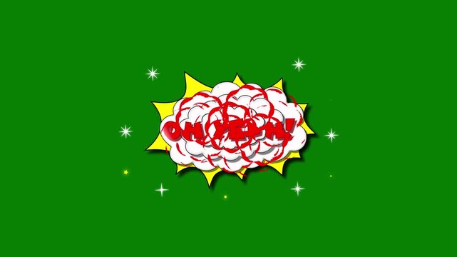 Oh yeah! Comic text animation in dynamic, colorful, retro pop art design with star twinkle, cartoon, smoke fx, fireworks display, bold pop art effect on green screen background. 4K