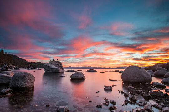 Colorful clouds over Lake Tahoe at bonsai rock