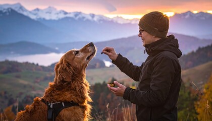 Man feeding dog at mountain sunrise